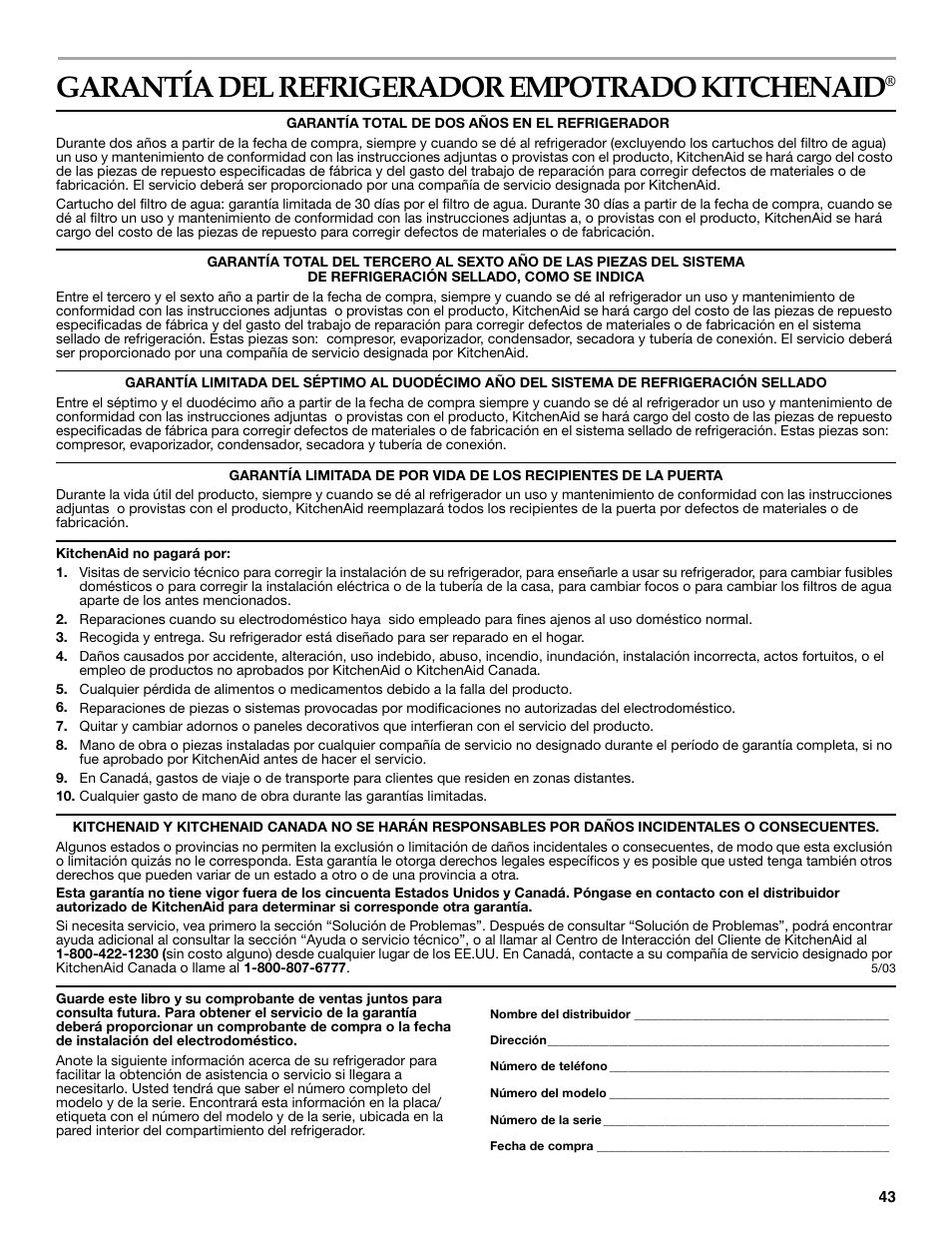 Garantía, Garantía del refrigerador empotrado kitchenaid | KITCHENAID Side-by-Side Referigerator User Manual | Page 43 / 64