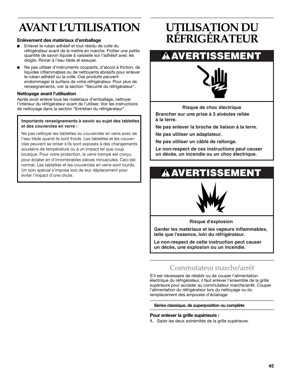 Utilisation du refrigerateur, Avant l’utilisation, Utilisation du réfrigérateur | Avertissement, Commutateur marche/arrêt | KITCHENAID Side-by-Side Referigerator User Manual | Page 45 / 64