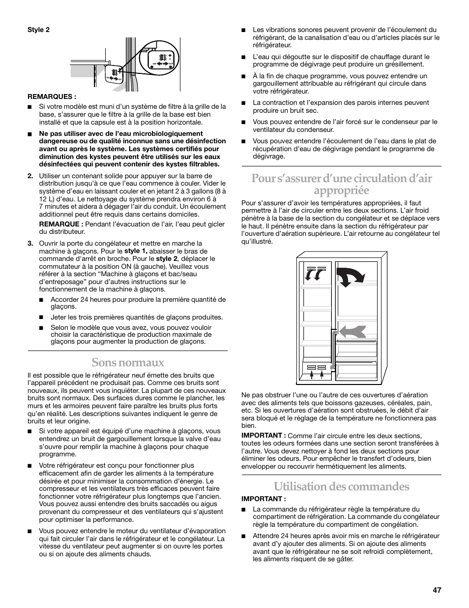 Sons normaux, Pour s’assurer d’une circulation d’air appropriée, Utilisation des commandes | KITCHENAID Side-by-Side Referigerator User Manual | Page 47 / 64