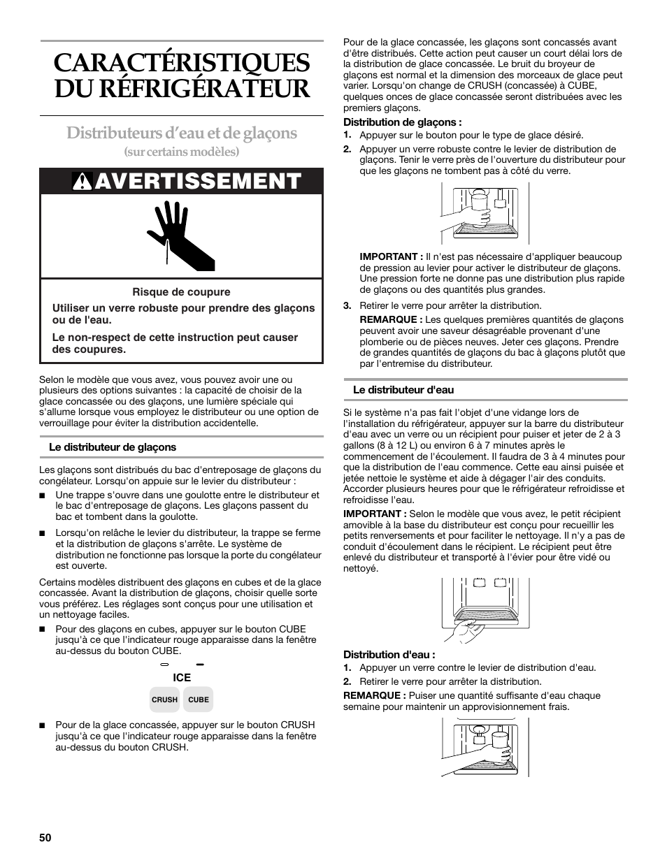 Caractéristiques du refrigerateur, Caractéristiques du réfrigérateur, Avertissement | Distributeurs d’eau et de glaçons | KITCHENAID Side-by-Side Referigerator User Manual | Page 50 / 64