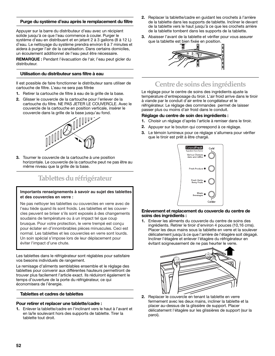 Tablettes du réfrigérateur, Centre de soins des ingrédients | KITCHENAID Side-by-Side Referigerator User Manual | Page 52 / 64