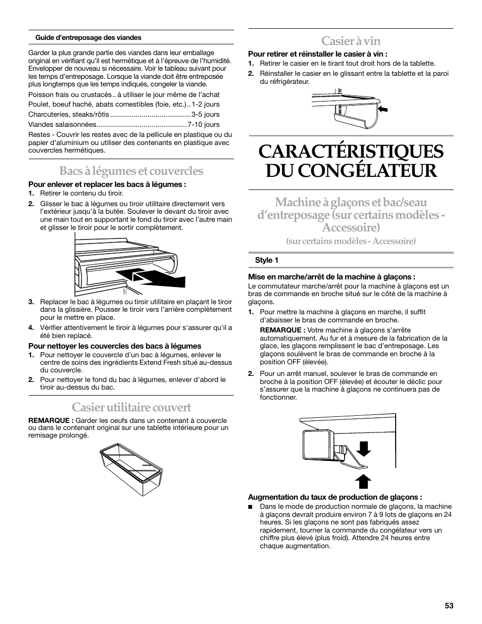 Caractéristiques du congelateur, Caractéristiques du congélateur, Bacs à légumes et couvercles | Casier utilitaire couvert, Casier à vin | KITCHENAID Side-by-Side Referigerator User Manual | Page 53 / 64