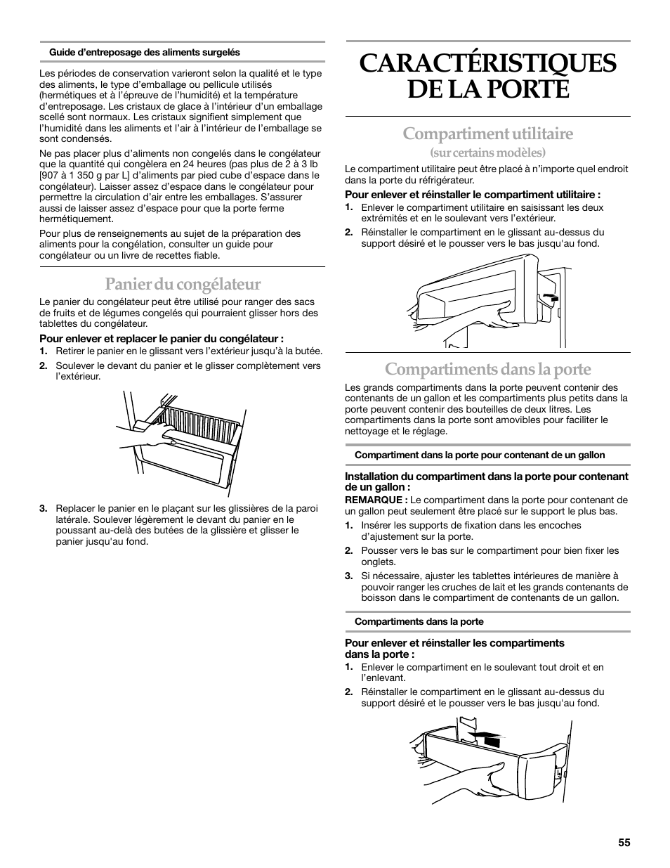 Caractéristiques de la porte, Panier du congélateur, Compartiment utilitaire | Compartiments dans la porte | KITCHENAID Side-by-Side Referigerator User Manual | Page 55 / 64