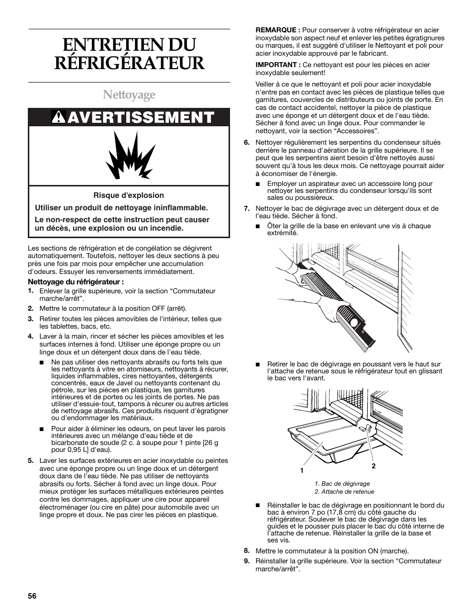 Entretien du refrigerateur, Entretien du réfrigérateur, Avertissement | Nettoyage | KITCHENAID Side-by-Side Referigerator User Manual | Page 56 / 64