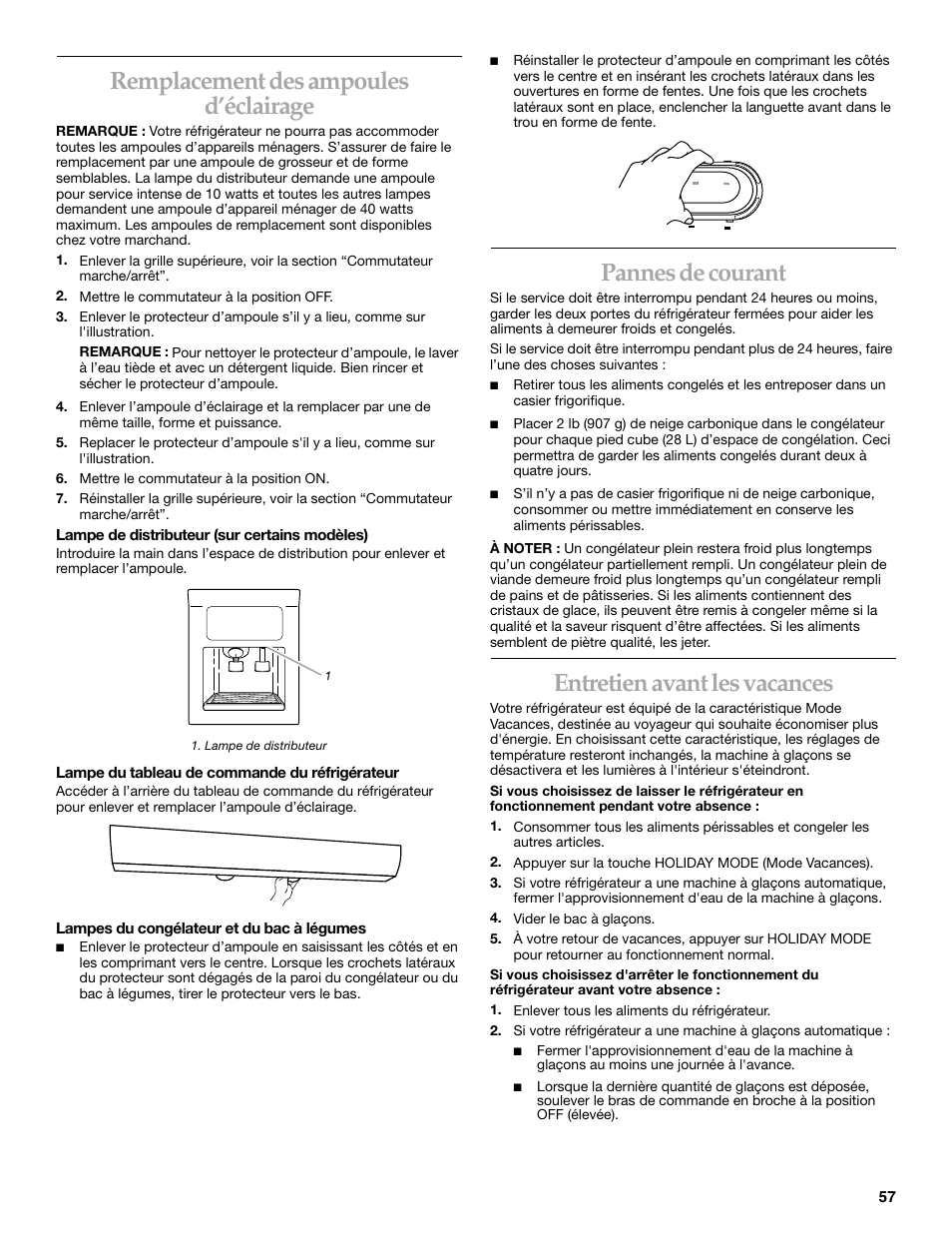 Remplacement des ampoules d’éclairage, Pannes de courant, Entretien avant les vacances | KITCHENAID Side-by-Side Referigerator User Manual | Page 57 / 64