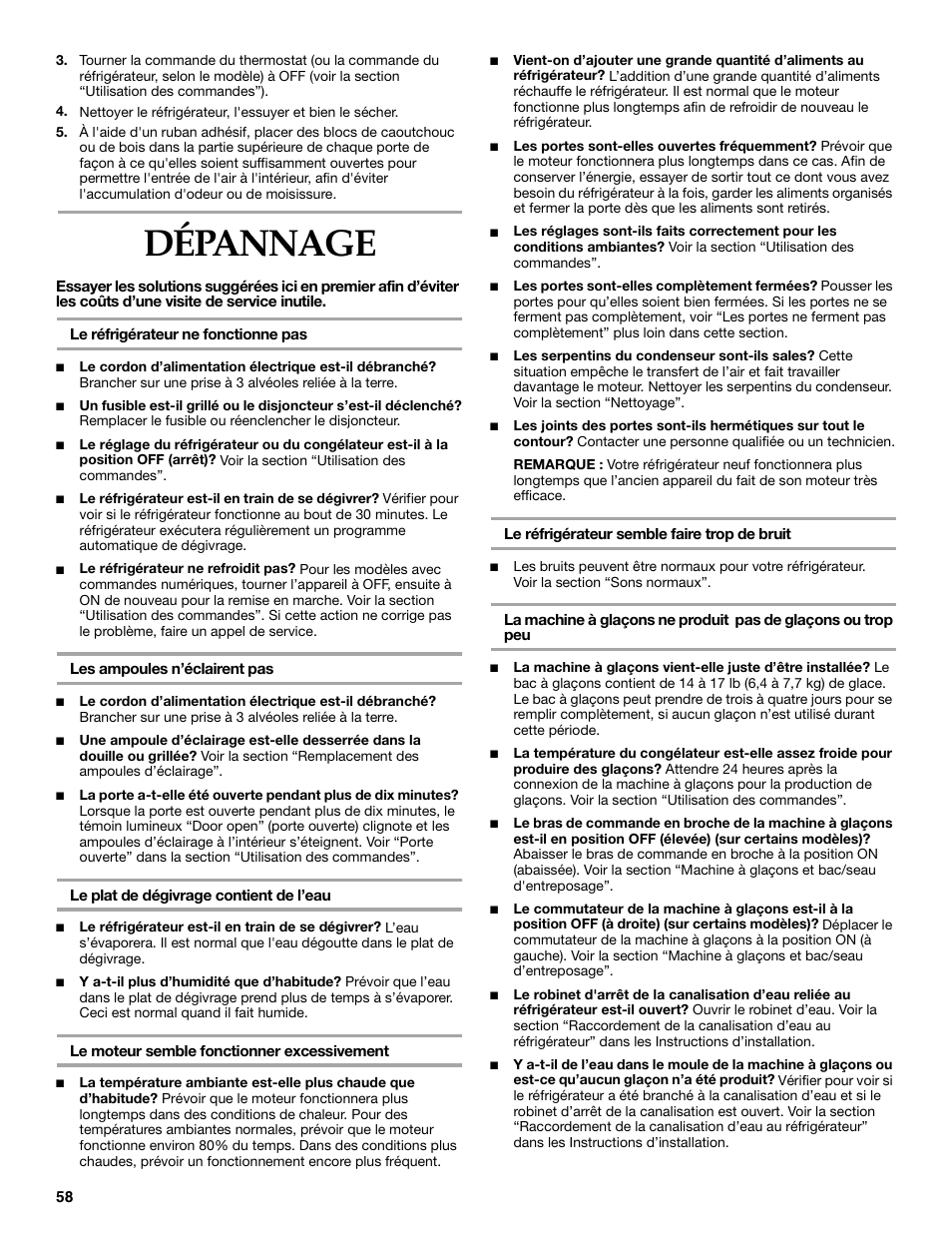 Dépannage | KITCHENAID Side-by-Side Referigerator User Manual | Page 58 / 64