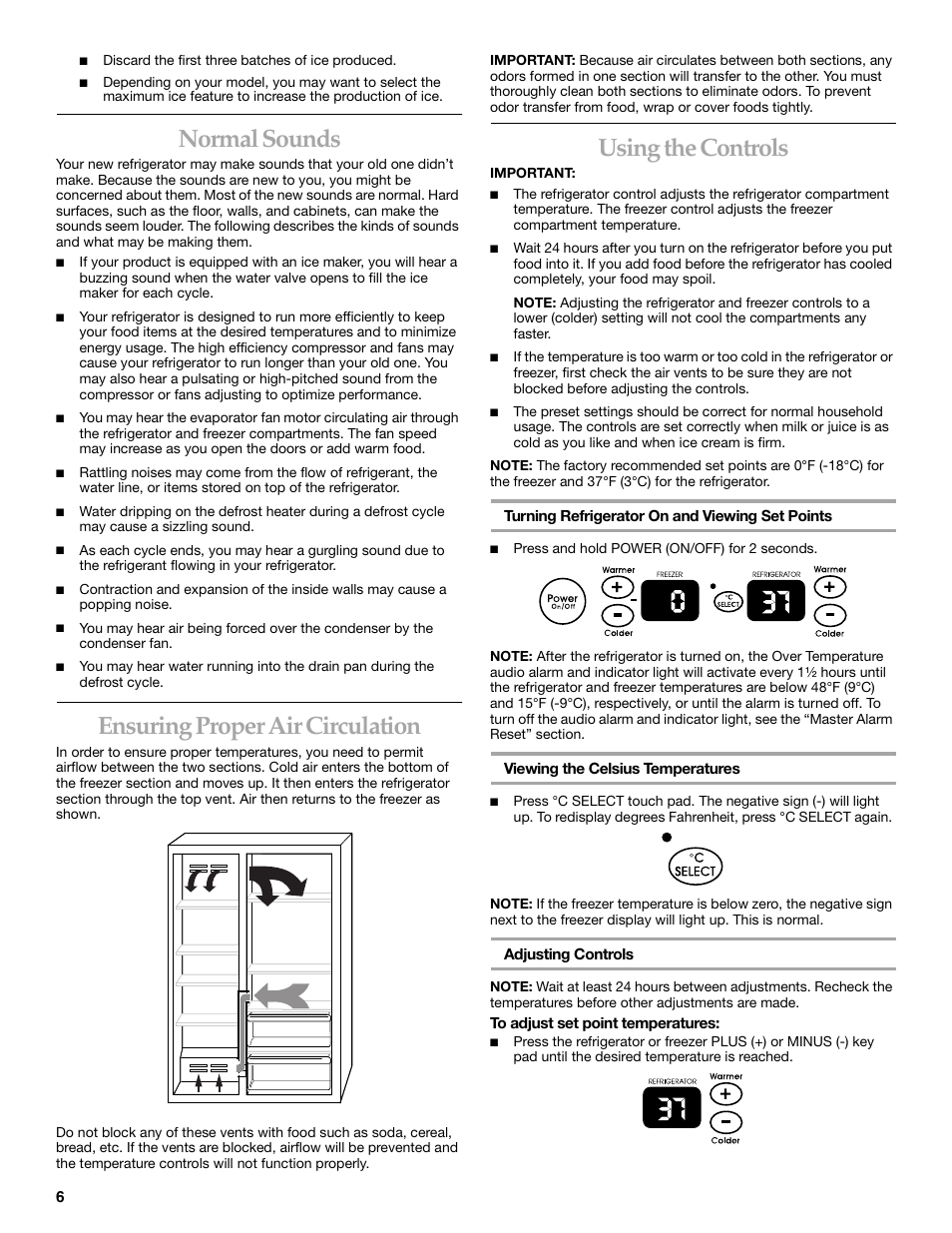 Normal sounds, Ensuring proper air circulation, Using the controls | KITCHENAID Side-by-Side Referigerator User Manual | Page 6 / 64