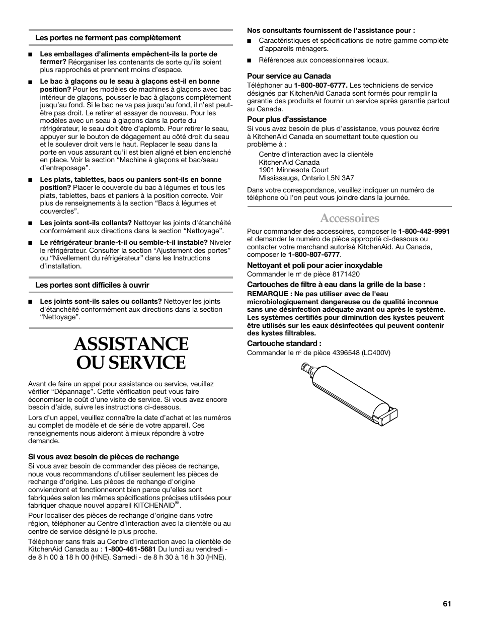 Assistance ou service, Accessoires | KITCHENAID Side-by-Side Referigerator User Manual | Page 61 / 64