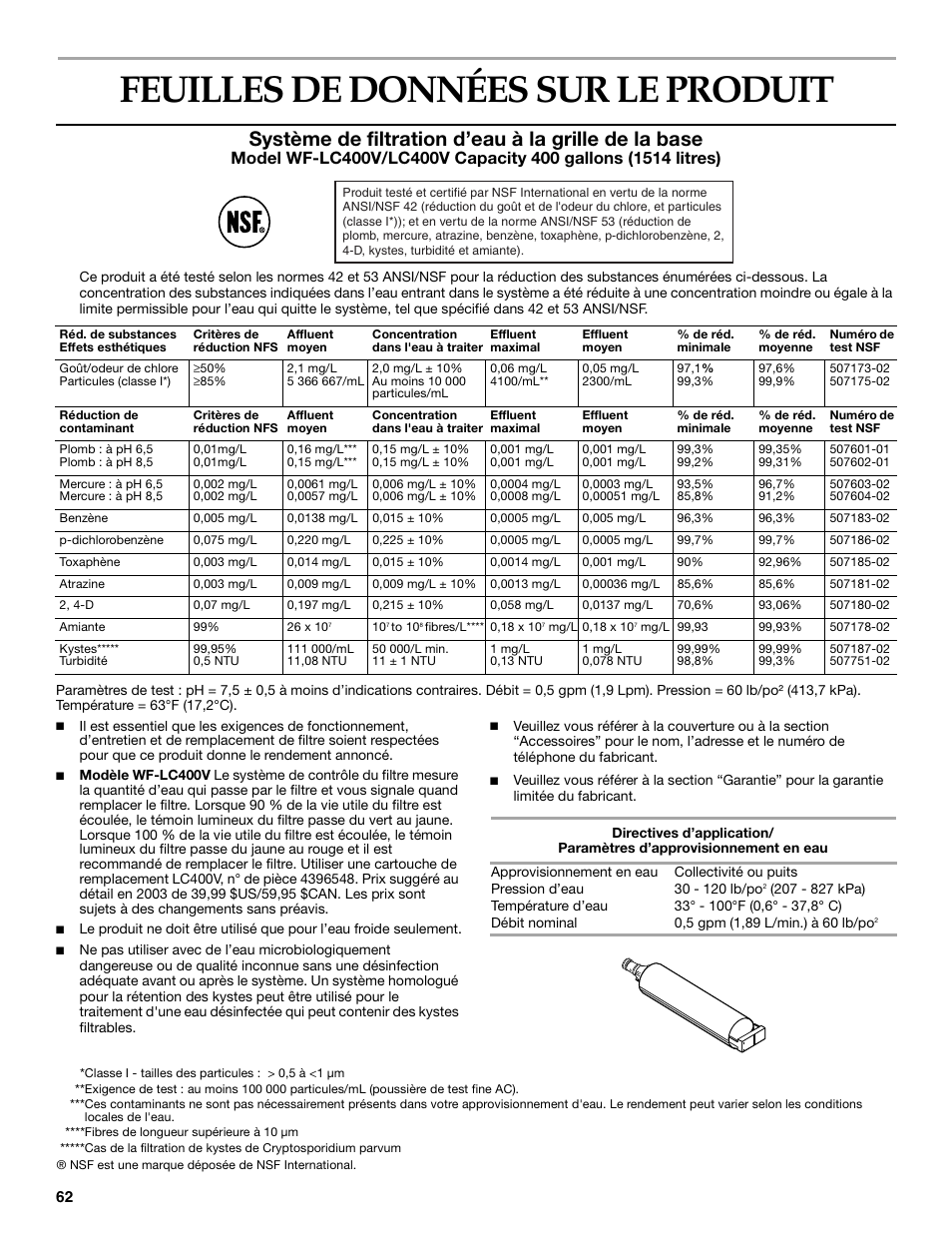 Feuilles de données sur le produit, Système de filtration d’eau à la grille de la base | KITCHENAID Side-by-Side Referigerator User Manual | Page 62 / 64