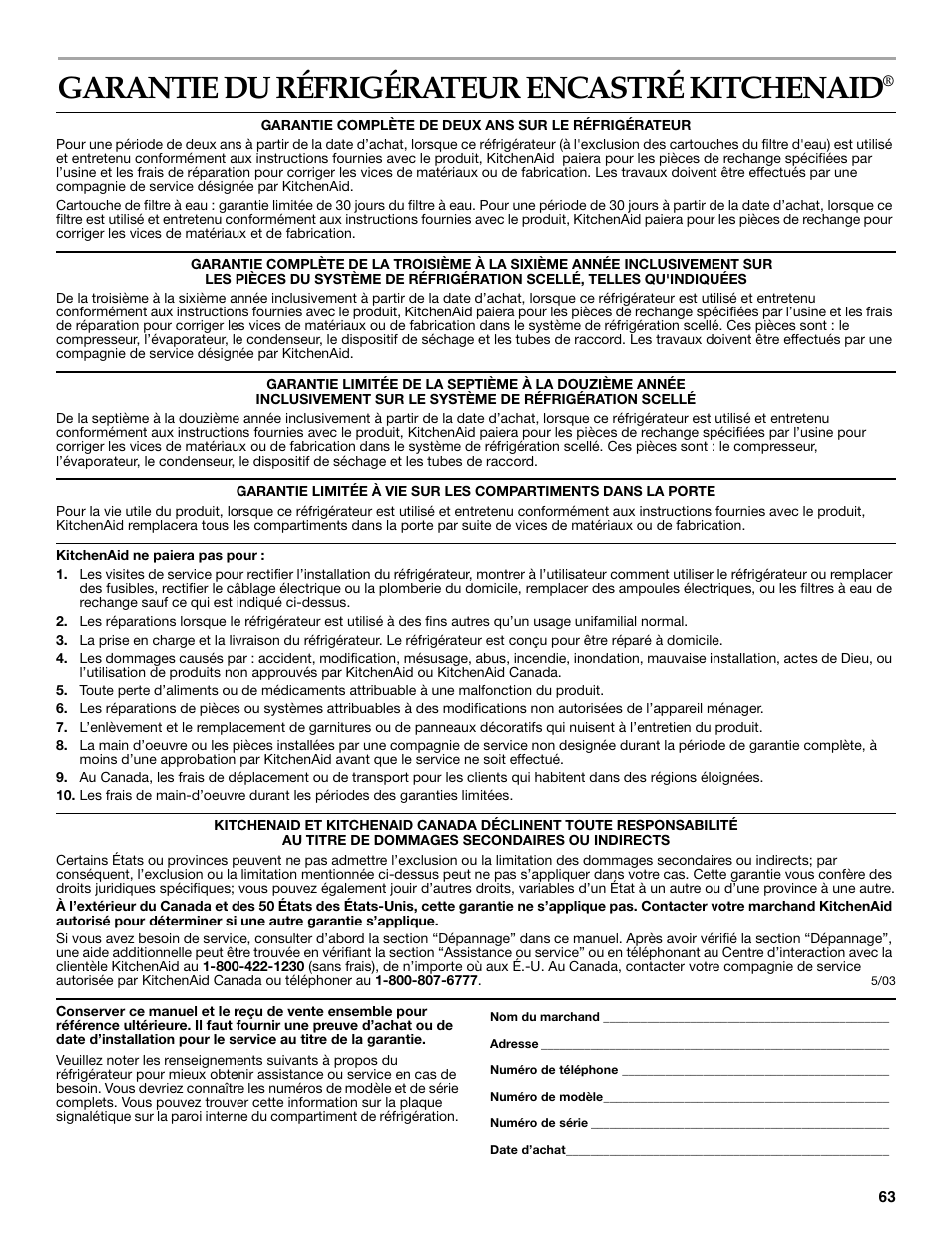 Garantie, Garantie du réfrigérateur encastré kitchenaid | KITCHENAID Side-by-Side Referigerator User Manual | Page 63 / 64