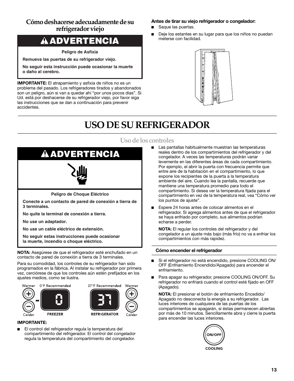 Uso de su refrigerador, Advertencia, Uso de los controles | KITCHENAID W10162435A User Manual | Page 13 / 34