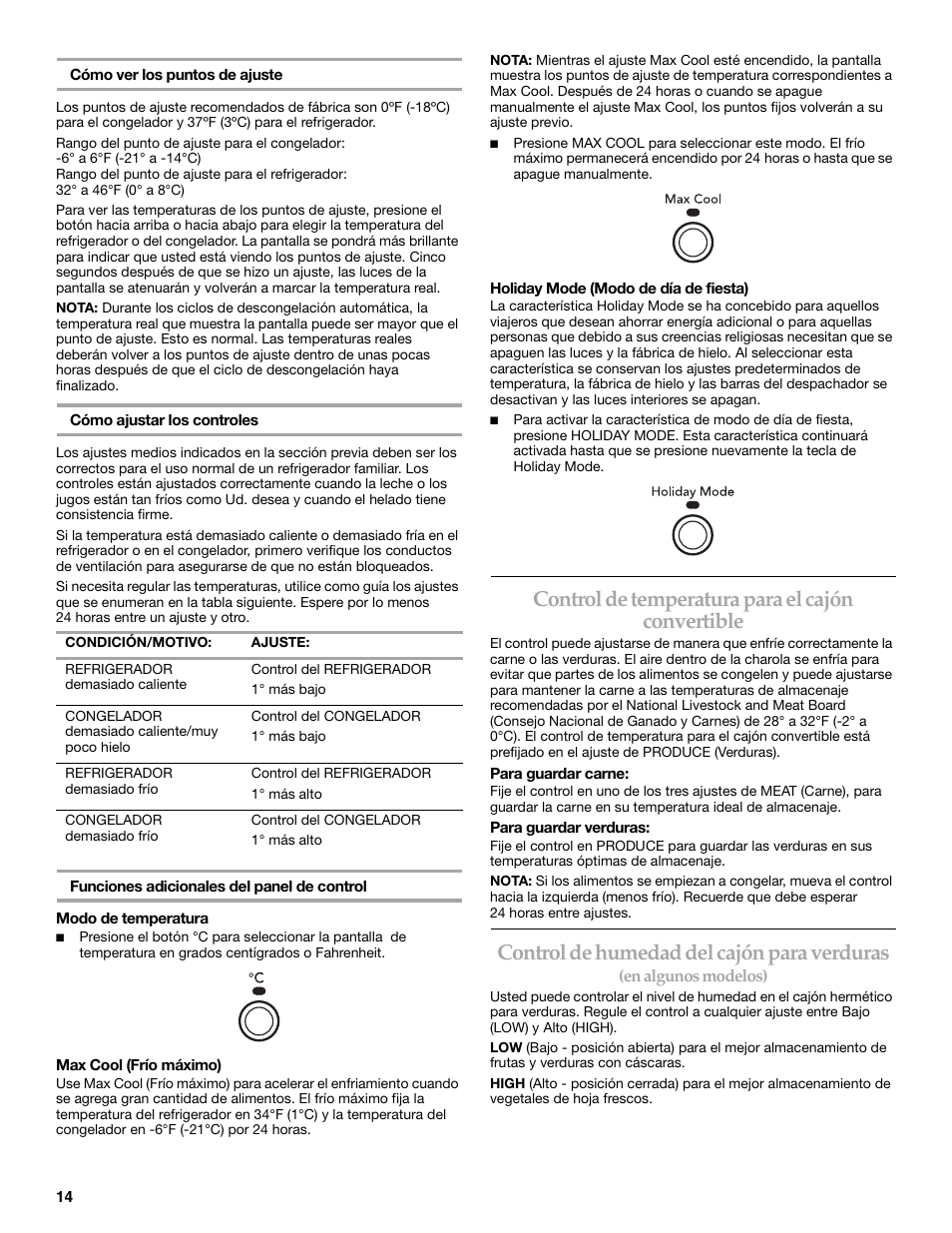 Control de temperatura para el cajón convertible, Control de humedad del cajón para verduras | KITCHENAID W10162435A User Manual | Page 14 / 34