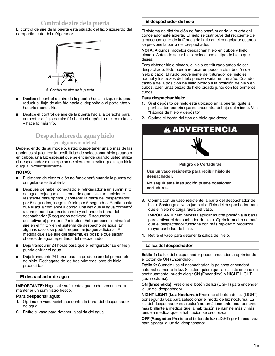 Advertencia, Control de aire de la puerta, Despachadores de agua y hielo | KITCHENAID W10162435A User Manual | Page 15 / 34