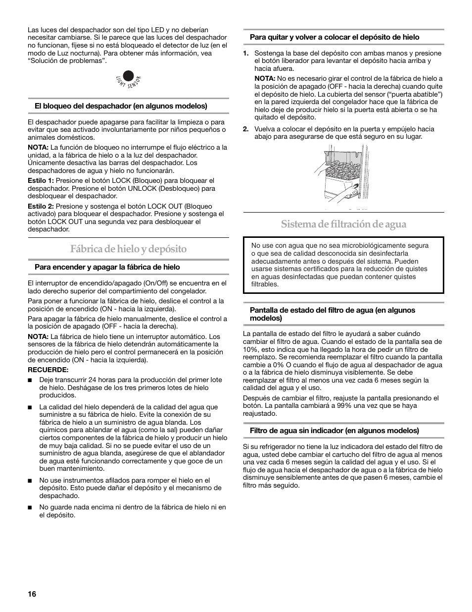 Fábrica de hielo y depósito, Sistema de filtración de agua | KITCHENAID W10162435A User Manual | Page 16 / 34