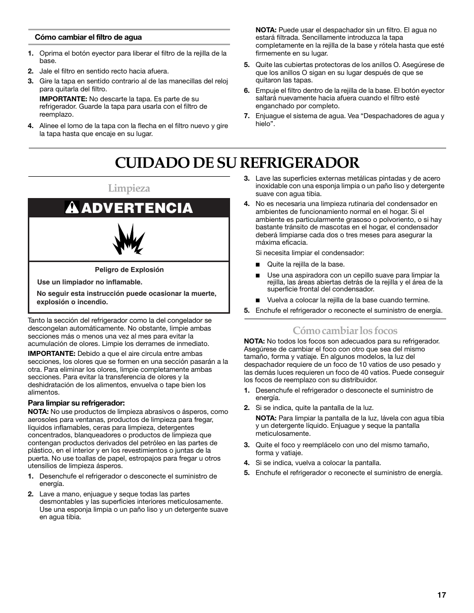 Cuidado de su refrigerador, Advertencia, Limpieza | Cómo cambiar los focos | KITCHENAID W10162435A User Manual | Page 17 / 34