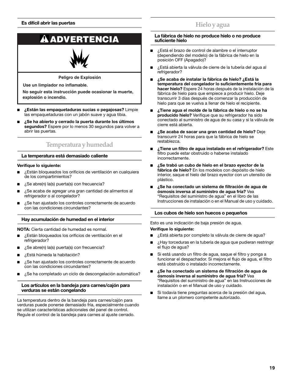 Advertencia, Temperatura y humedad, Hielo y agua | KITCHENAID W10162435A User Manual | Page 19 / 34