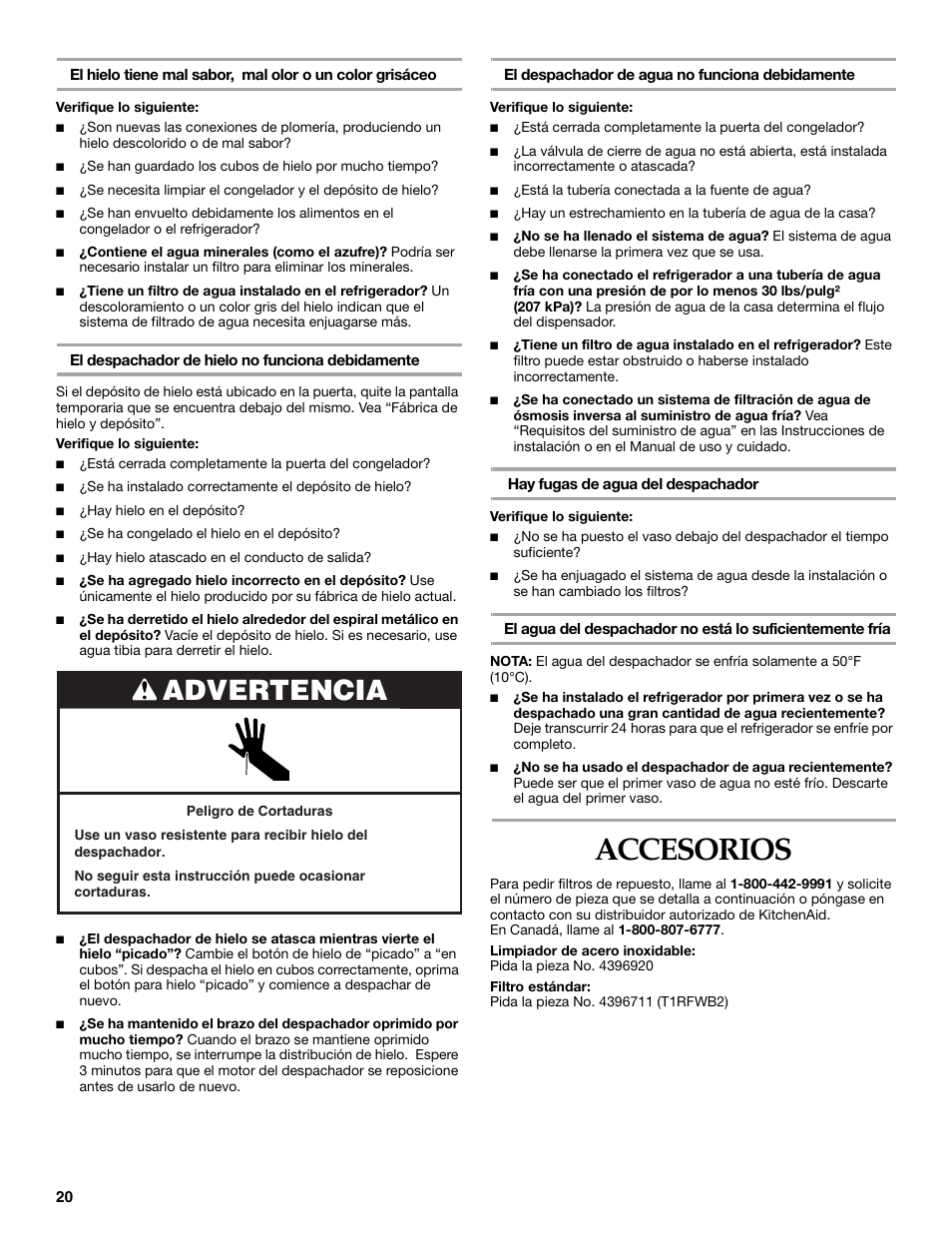 Accesorios, Advertencia | KITCHENAID W10162435A User Manual | Page 20 / 34