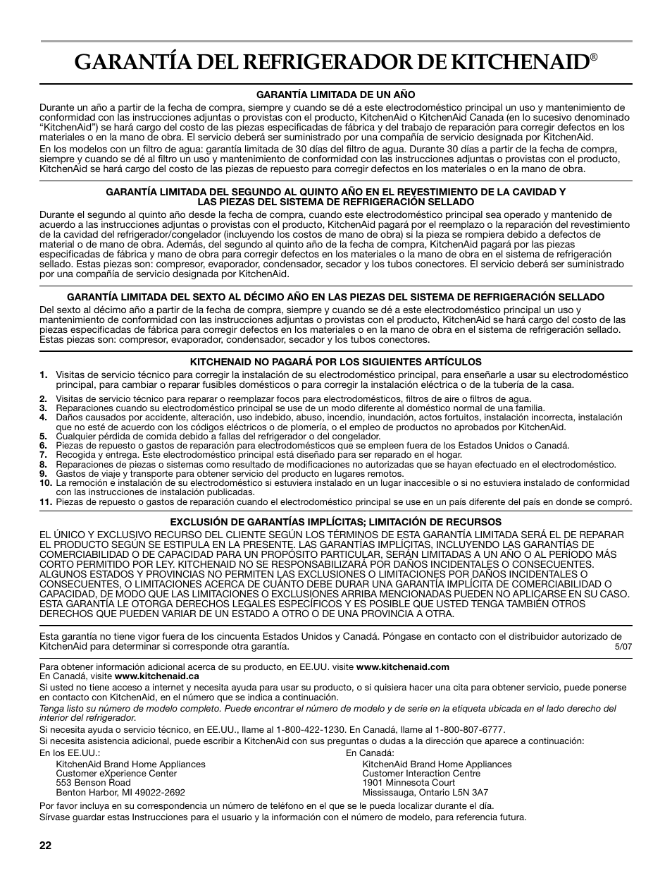 Garantía del refrigerador de kitchenaid | KITCHENAID W10162435A User Manual | Page 22 / 34