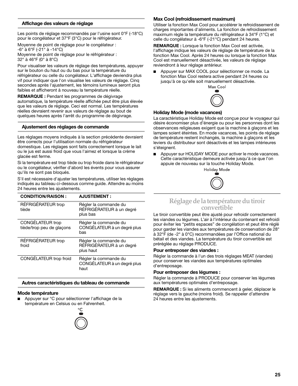 Réglage de la température du tiroir convertible | KITCHENAID W10162435A User Manual | Page 25 / 34