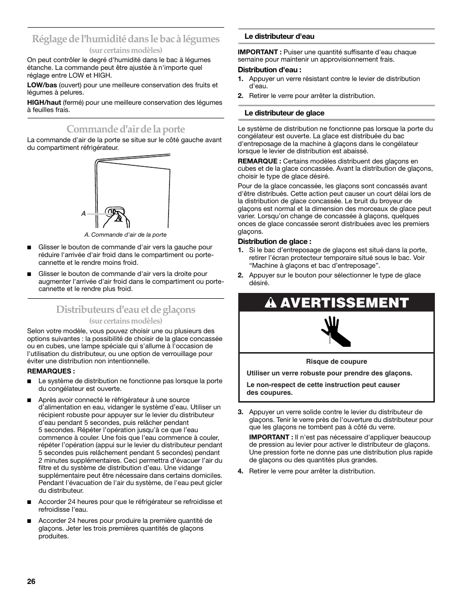 Avertissement, Réglage de l'humidité dans le bac à légumes, Commande d'air de la porte | Distributeurs d'eau et de glaçons | KITCHENAID W10162435A User Manual | Page 26 / 34