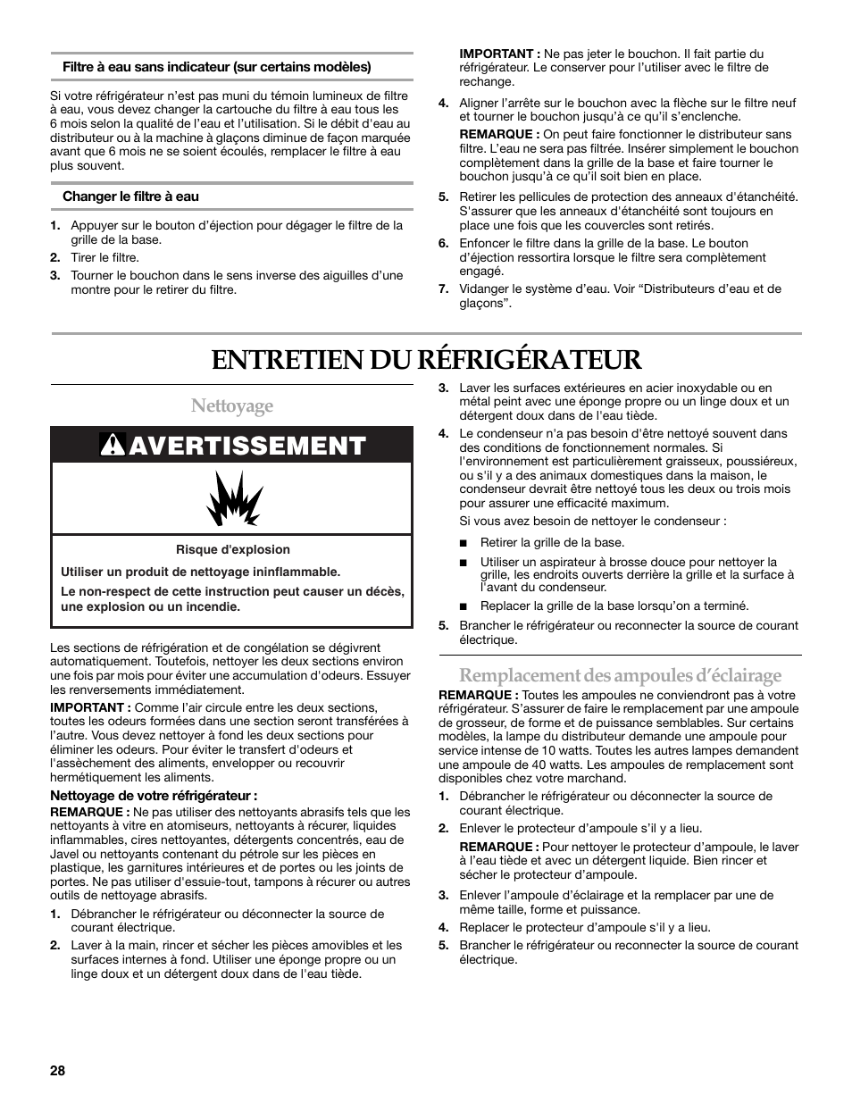 Entretien du réfrigérateur, Avertissement, Nettoyage | Remplacement des ampoules d’éclairage | KITCHENAID W10162435A User Manual | Page 28 / 34