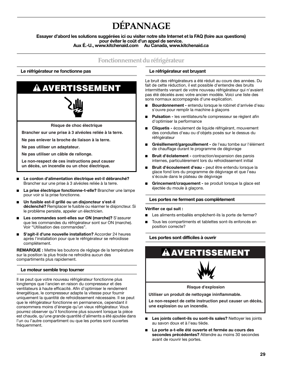 Dépannage, Avertissement, Fonctionnement du réfrigérateur | KITCHENAID W10162435A User Manual | Page 29 / 34