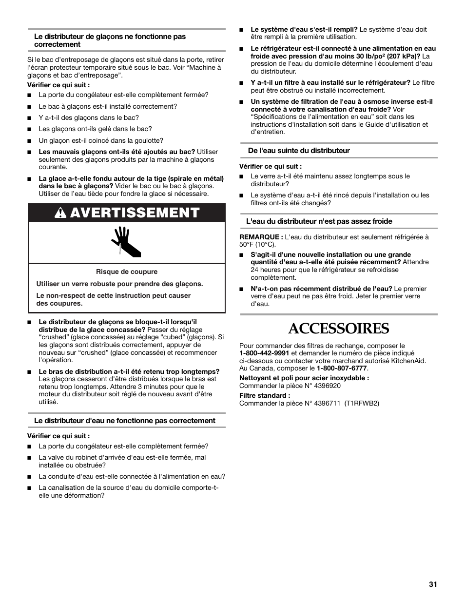 Accessoires, Avertissement | KITCHENAID W10162435A User Manual | Page 31 / 34