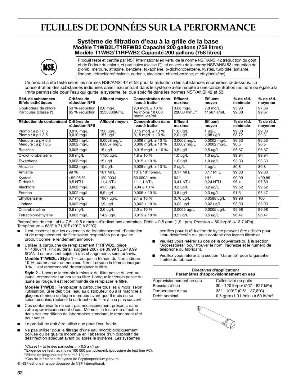 Feuilles de données sur la performance, Système de filtration d’eau à la grille de la base | KITCHENAID W10162435A User Manual | Page 32 / 34