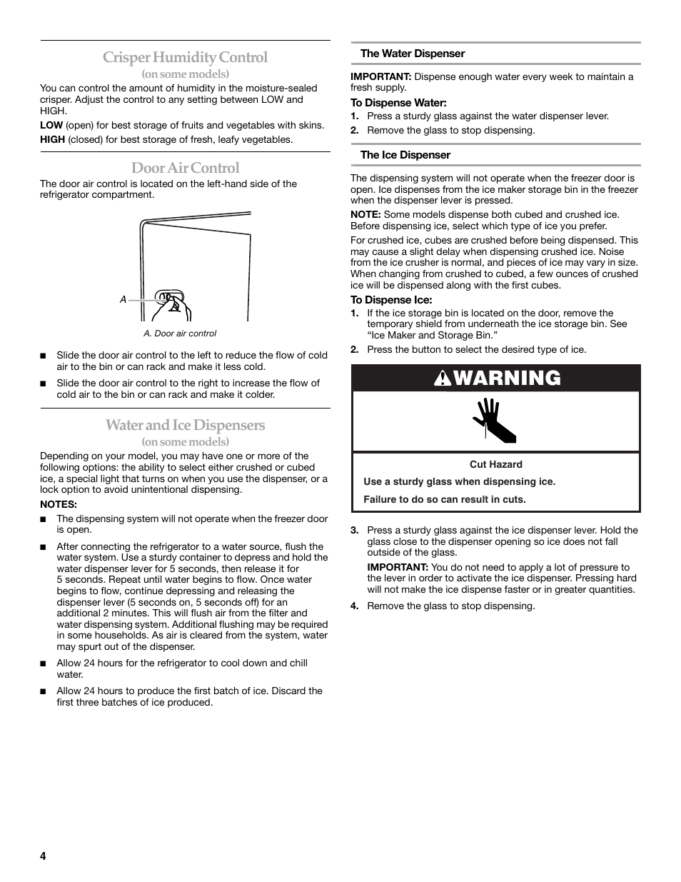 Warning, Crisper humidity control, Door air control | Water and ice dispensers | KITCHENAID W10162435A User Manual | Page 4 / 34