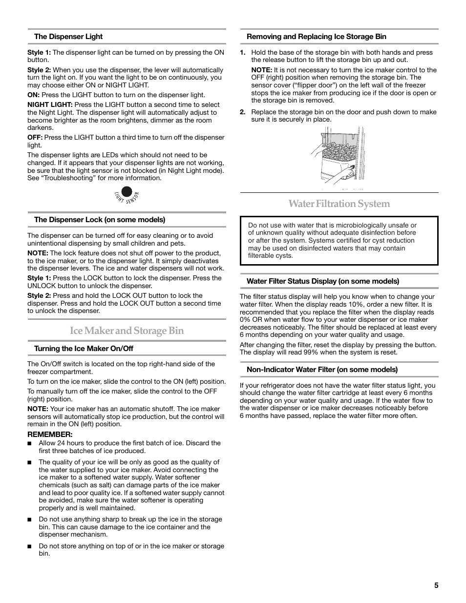 Ice maker and storage bin, Water filtration system | KITCHENAID W10162435A User Manual | Page 5 / 34