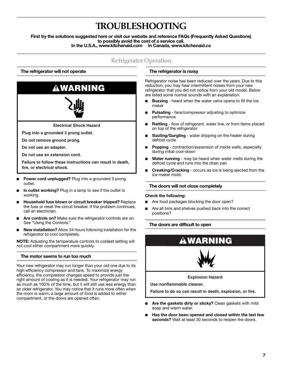 Troubleshooting, Warning, Refrigerator operation | KITCHENAID W10162435A User Manual | Page 7 / 34