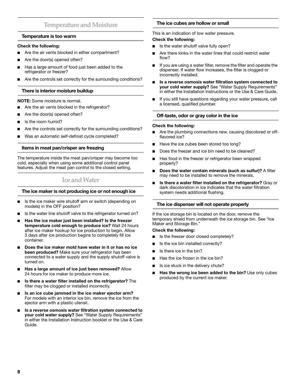 Temperature and moisture, Ice and water | KITCHENAID W10162435A User Manual | Page 8 / 34