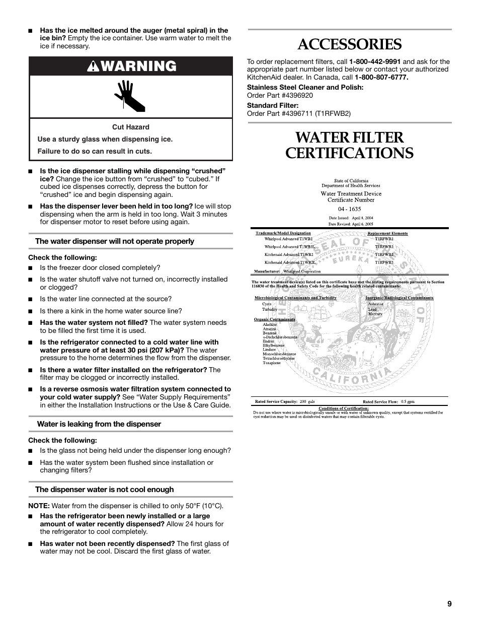 Accessories, Water filter certifications, Warning | KITCHENAID W10162435A User Manual | Page 9 / 34