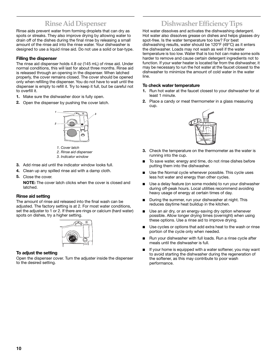 Rinse aid dispenser, Dishwasher efficiency tips | KITCHENAID KUDI01FL User Manual | Page 10 / 19