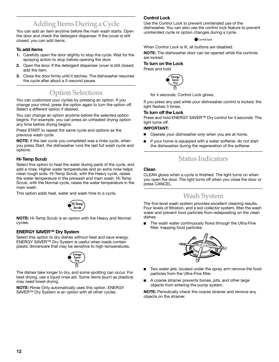 Adding items during a cycle, Option selections, Status indicators | Wash system | KITCHENAID KUDI01FL User Manual | Page 12 / 19