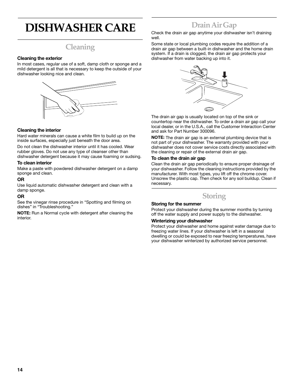 Dishwasher care, Cleaning, Drain air gap | Storing | KITCHENAID KUDI01FL User Manual | Page 14 / 19