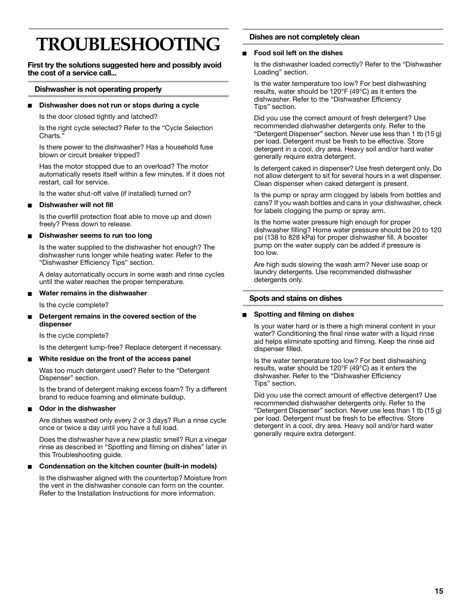 Troubleshooting | KITCHENAID KUDI01FL User Manual | Page 15 / 19