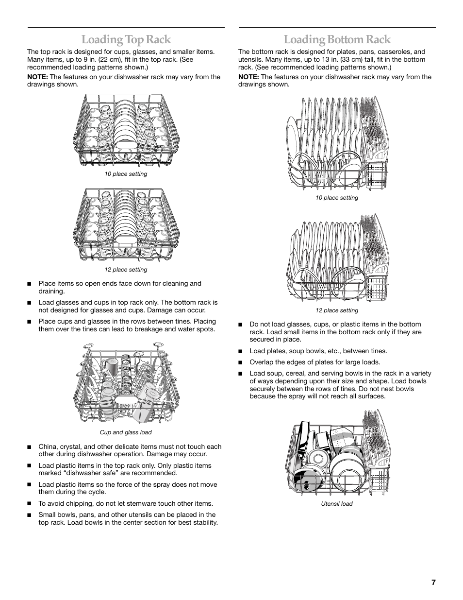 Loading top rack, Loading bottom rack | KITCHENAID KUDI01FL User Manual | Page 7 / 19
