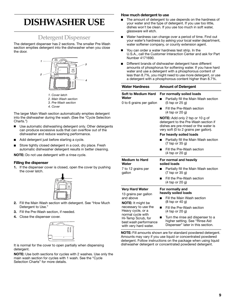 Dishwasher use, Detergent dispenser | KITCHENAID KUDI01FL User Manual | Page 9 / 19