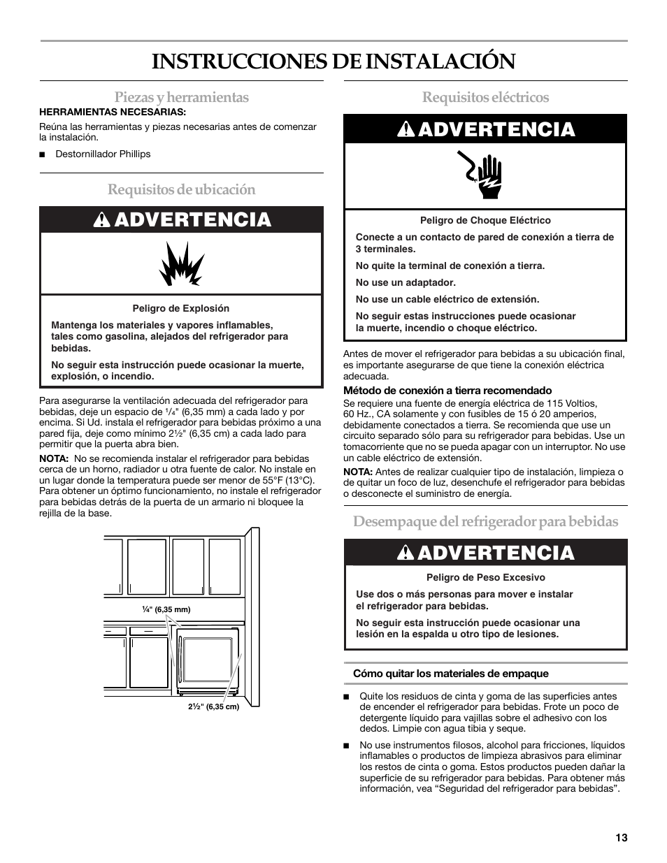 Instrucciones de instalación, Advertencia, Piezas y herramientas | Requisitos de ubicación, Requisitos eléctricos, Desempaque del refrigerador para bebidas | KITCHENAID BEVERAGECENTER User Manual | Page 13 / 32