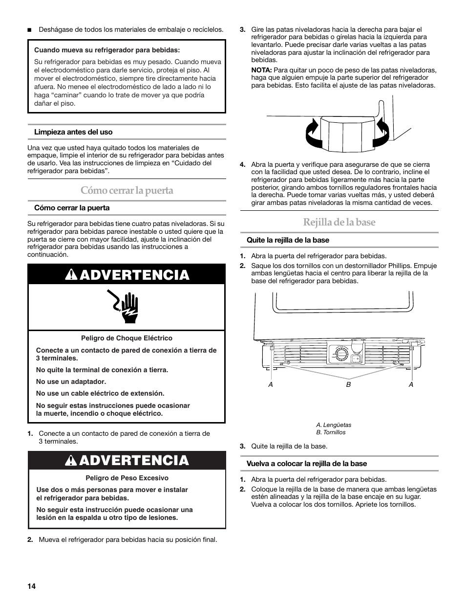 Advertencia, Cómo cerrar la puerta, Rejilla de la base | KITCHENAID BEVERAGECENTER User Manual | Page 14 / 32