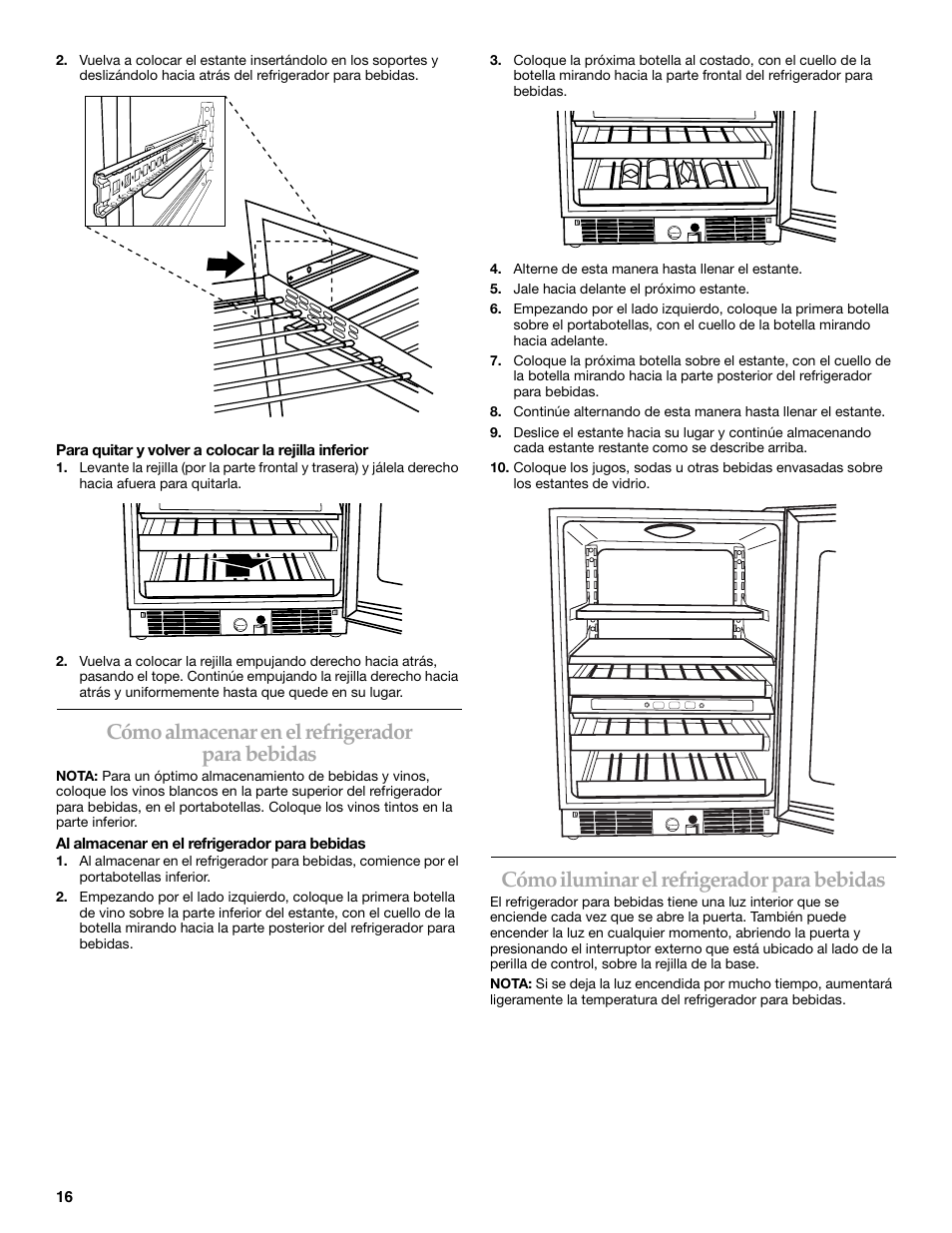 Cómo almacenar en el refrigerador para bebidas, Cómo iluminar el refrigerador para bebidas | KITCHENAID BEVERAGECENTER User Manual | Page 16 / 32