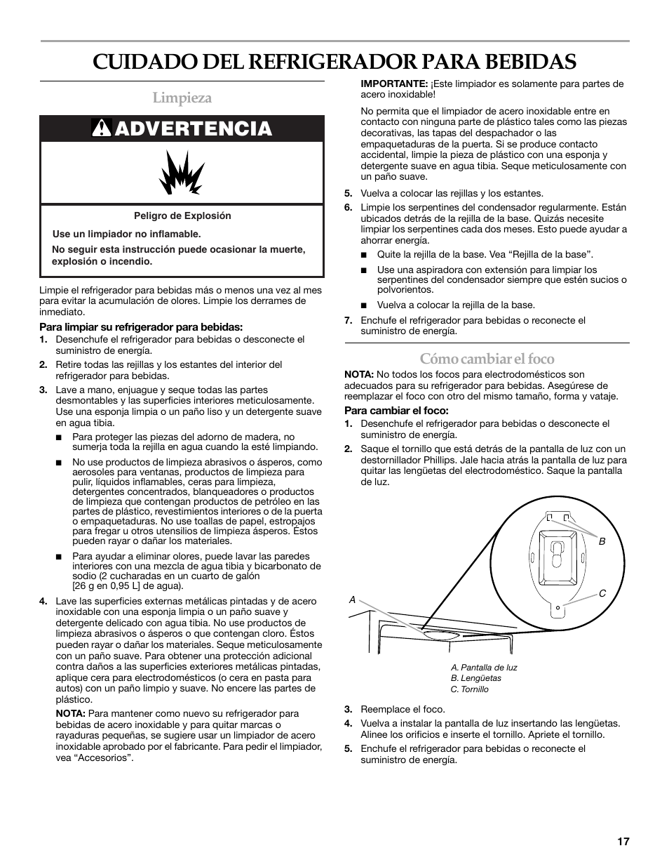 Cuidado del refrigerador para bebidas, Advertencia, Limpieza | Cómo cambiar el foco | KITCHENAID BEVERAGECENTER User Manual | Page 17 / 32