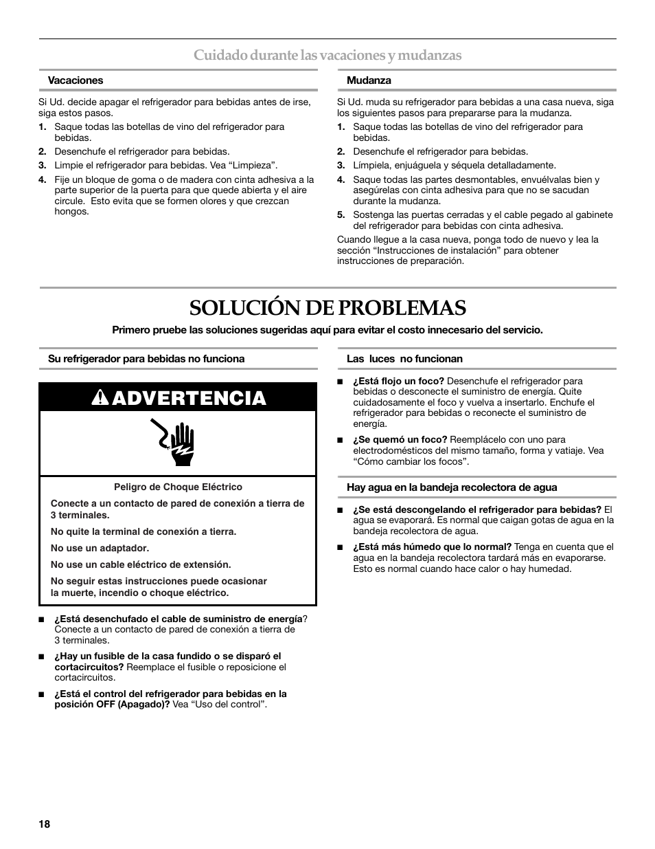Solución de problemas, Advertencia, Cuidado durante las vacaciones y mudanzas | KITCHENAID BEVERAGECENTER User Manual | Page 18 / 32