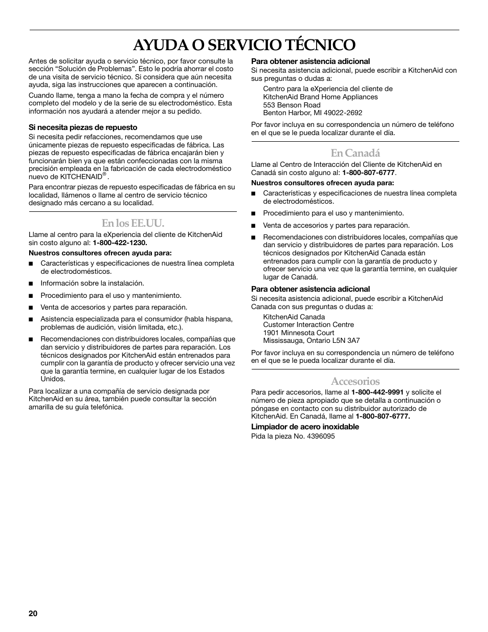 Ayuda o servicio técnico, En los ee.uu, En canadá | Accesorios | KITCHENAID BEVERAGECENTER User Manual | Page 20 / 32