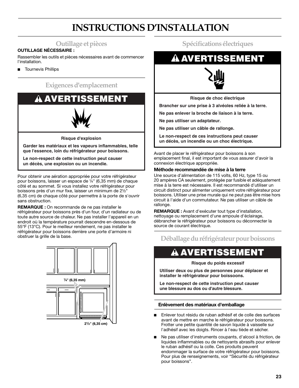 Instructions d’installation, Avertissement, Outillage et pièces | Exigences d'emplacement, Spécifications électriques, Déballage du réfrigérateur pour boissons | KITCHENAID BEVERAGECENTER User Manual | Page 23 / 32