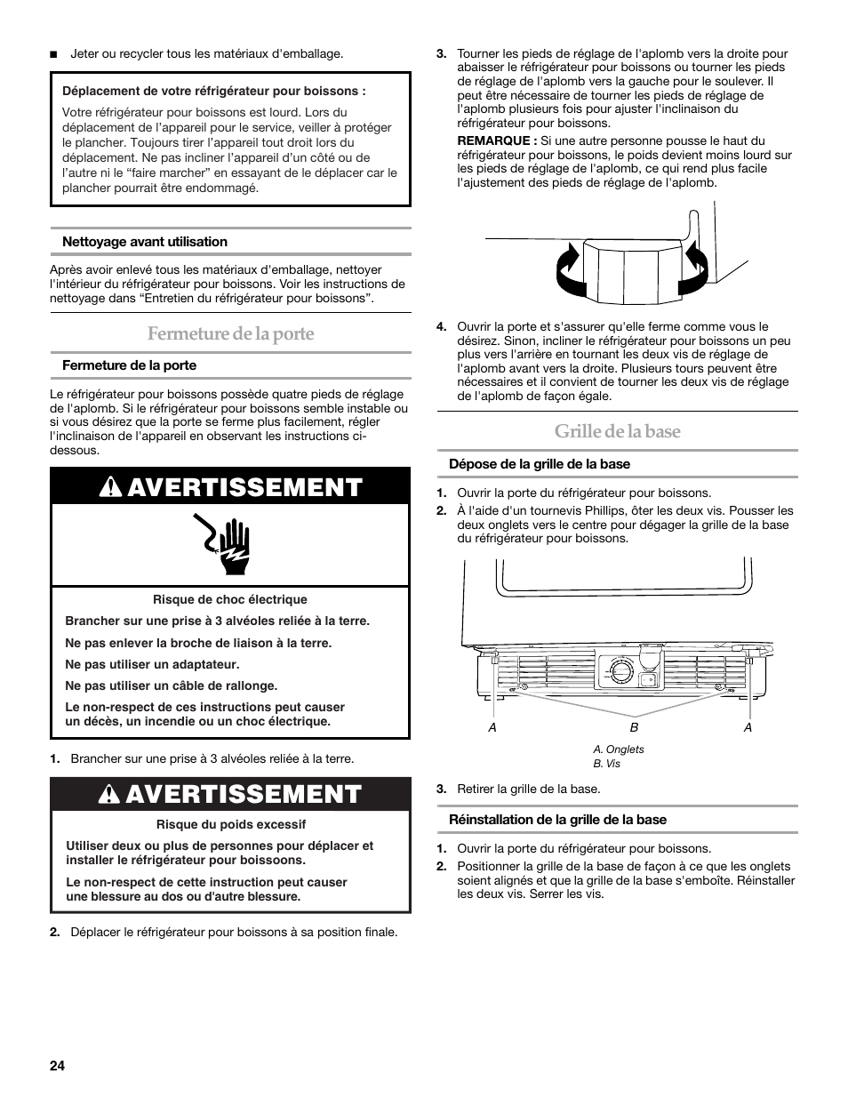 Avertissement, Fermeture de la porte, Grille de la base | KITCHENAID BEVERAGECENTER User Manual | Page 24 / 32