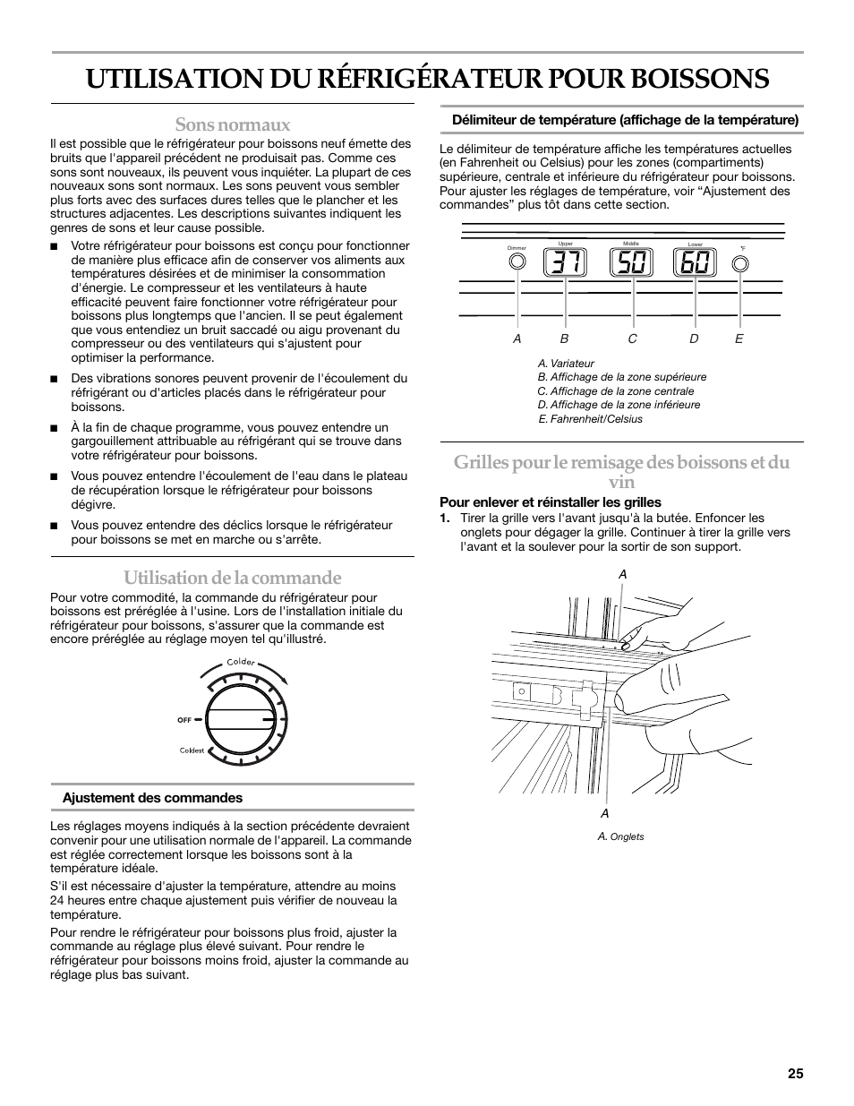 Utilisation du réfrigérateur pour boissons, Sons normaux, Utilisation de la commande | Grilles pour le remisage des boissons et du vin | KITCHENAID BEVERAGECENTER User Manual | Page 25 / 32