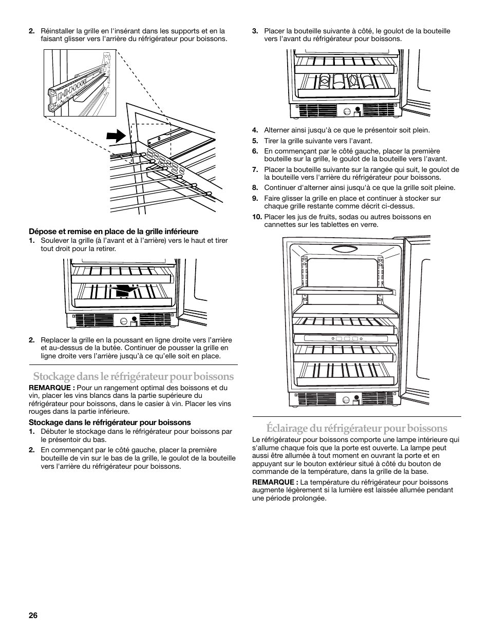 Stockage dans le réfrigérateur pour boissons, Éclairage du réfrigérateur pour boissons | KITCHENAID BEVERAGECENTER User Manual | Page 26 / 32