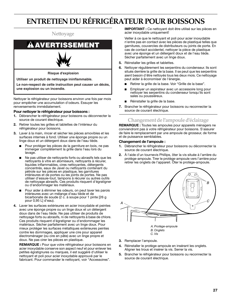 Entretien du réfrigérateur pour boissons, Avertissement, Nettoyage | Changement de l'ampoule d'éclairage | KITCHENAID BEVERAGECENTER User Manual | Page 27 / 32